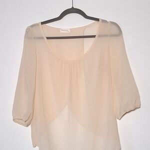 Poetry Sheer blouse Cream 3/4 sleeve top Scoop Neck Split Back